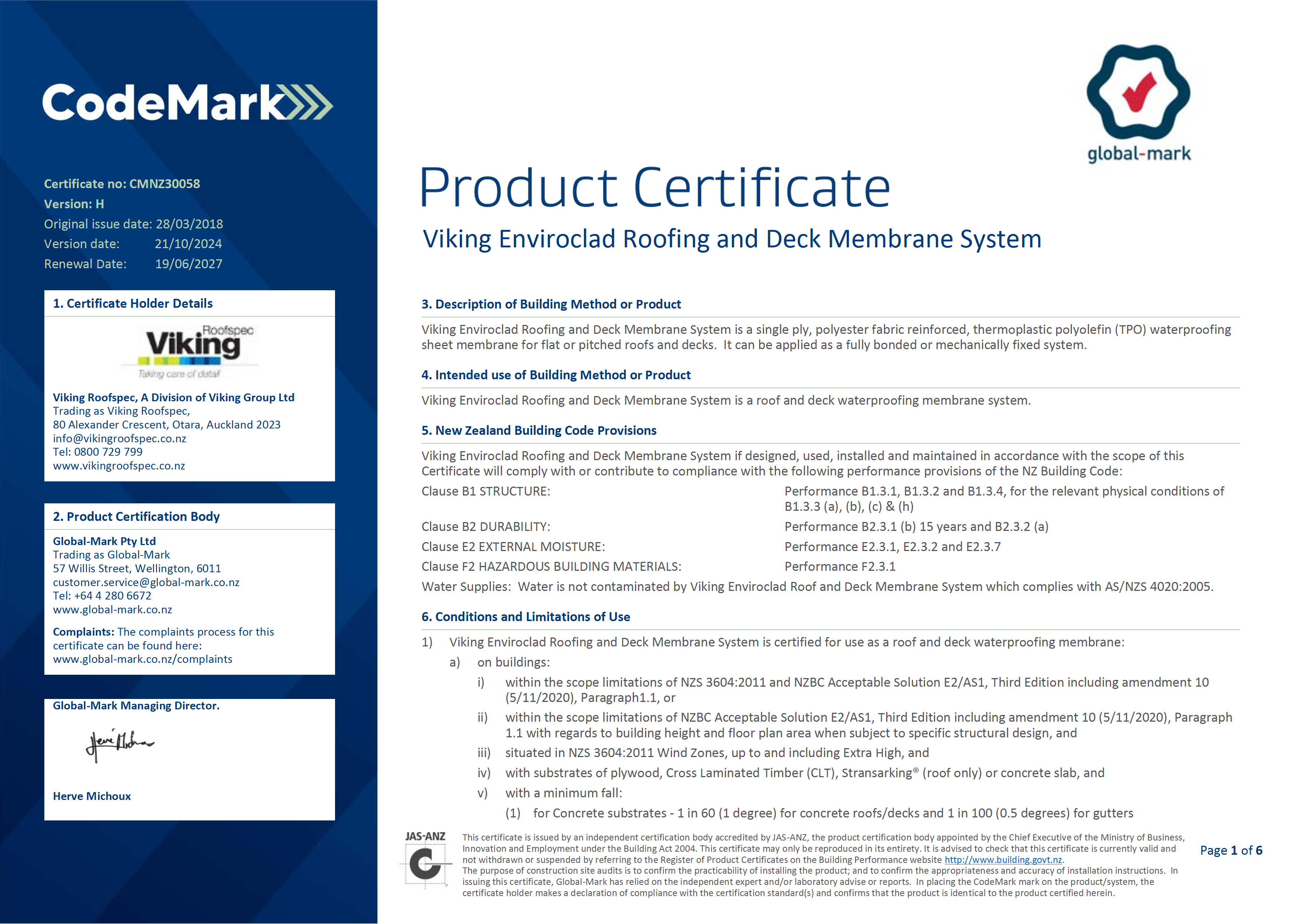 Enviroclad CodeMark Certificate
