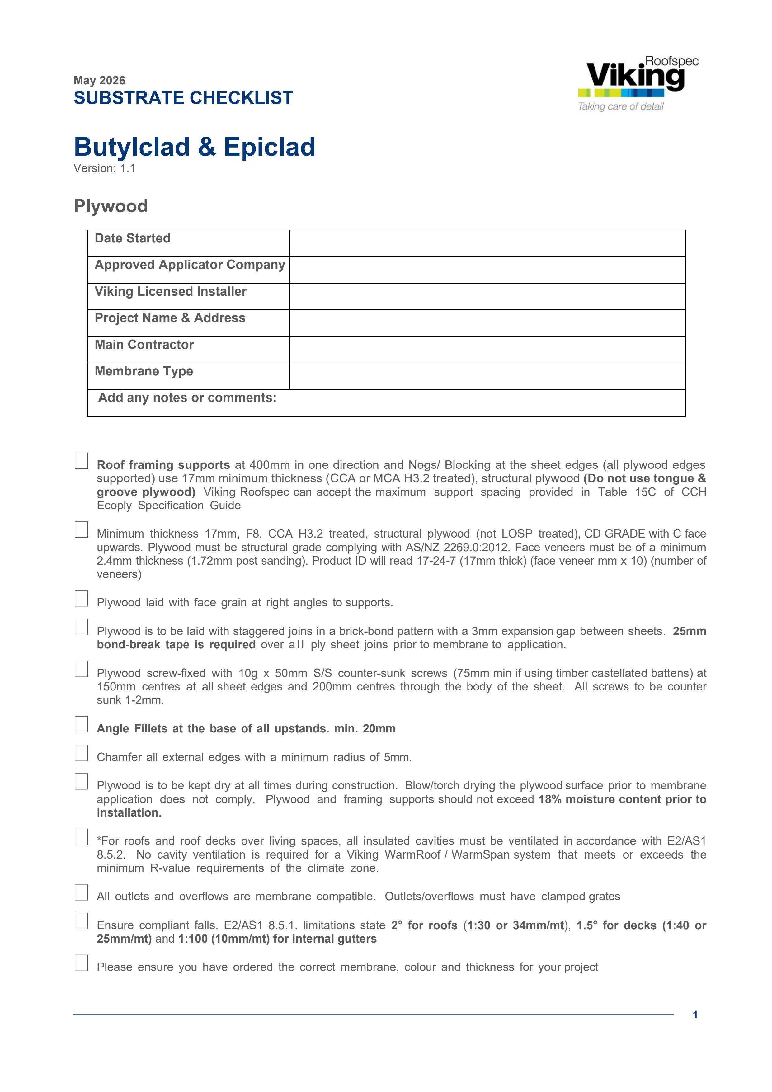 Rubber Membrane Substrate Checklist - Plywood V1.1 2026