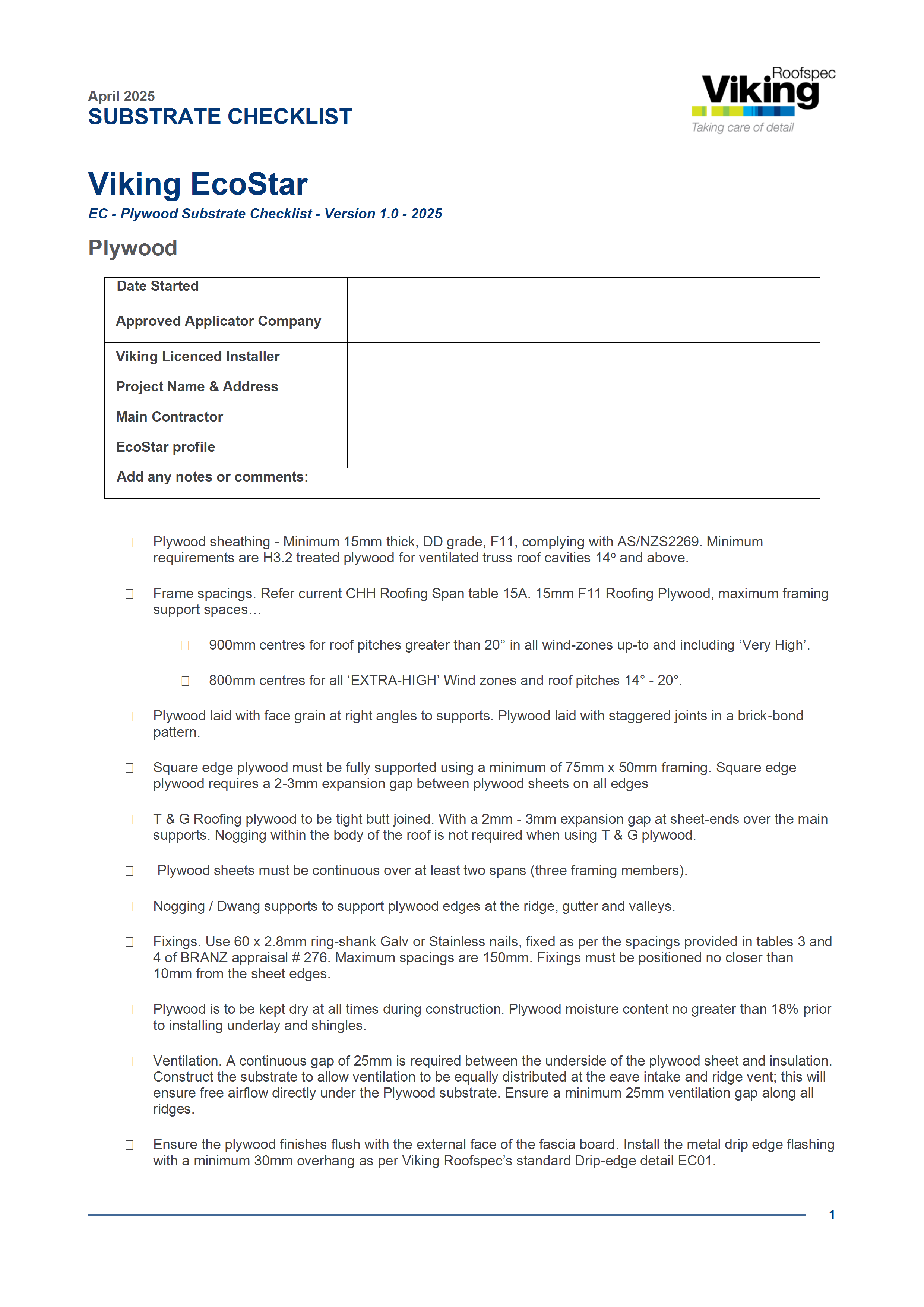 EcoStar Substrate Checklist - Plywood