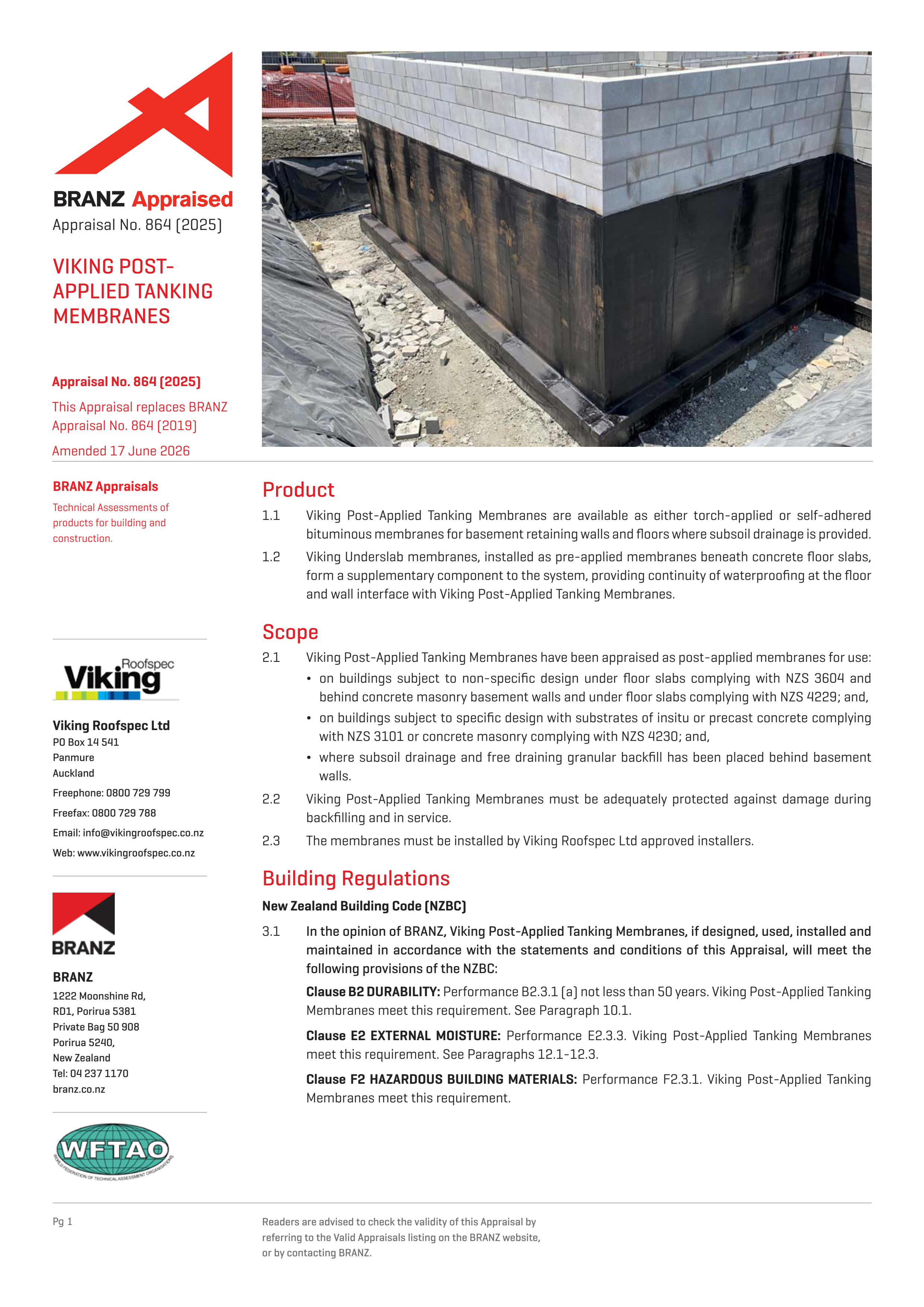 BRANZ Appraisal 864 Viking Post Applied Tanking Membranes
