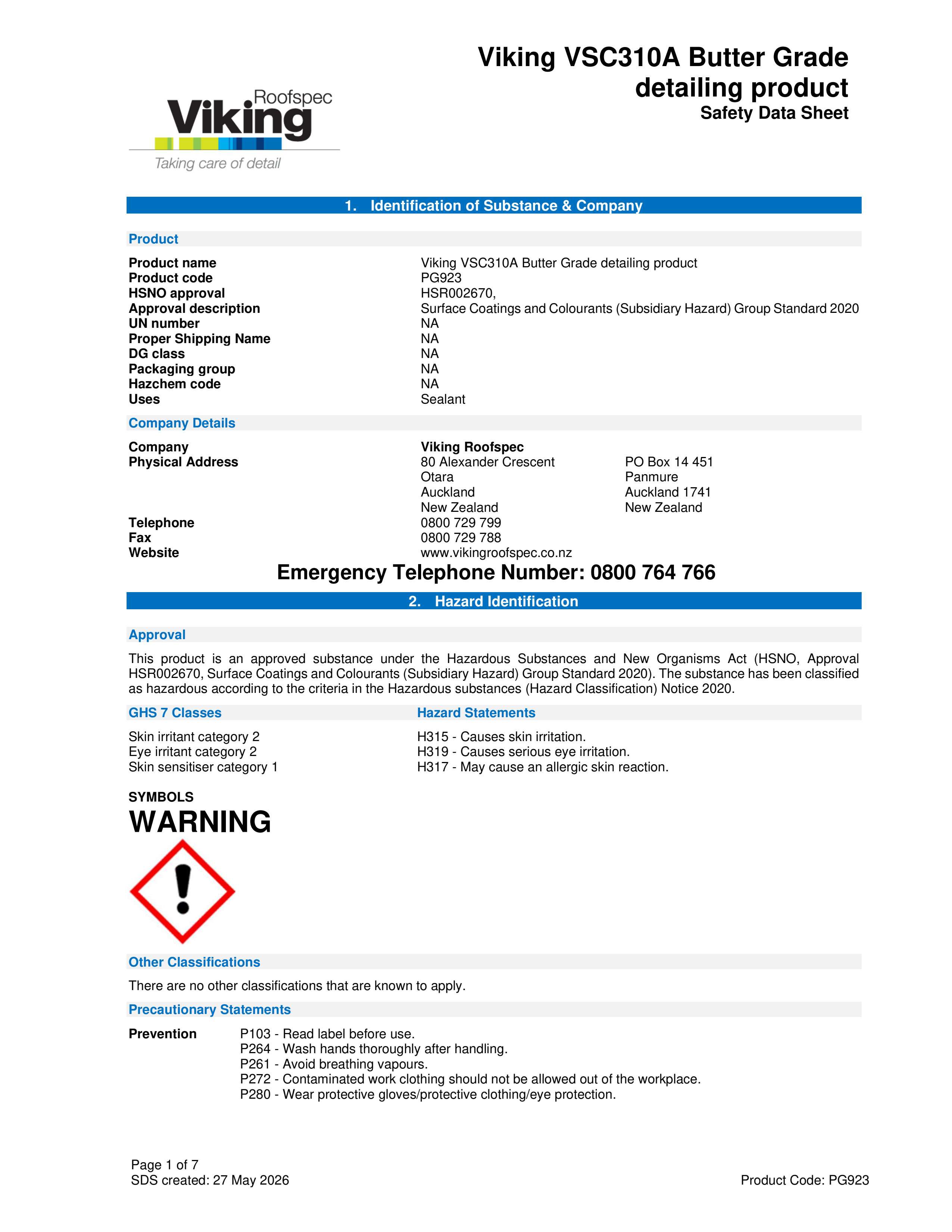 Butter Grade MSDS