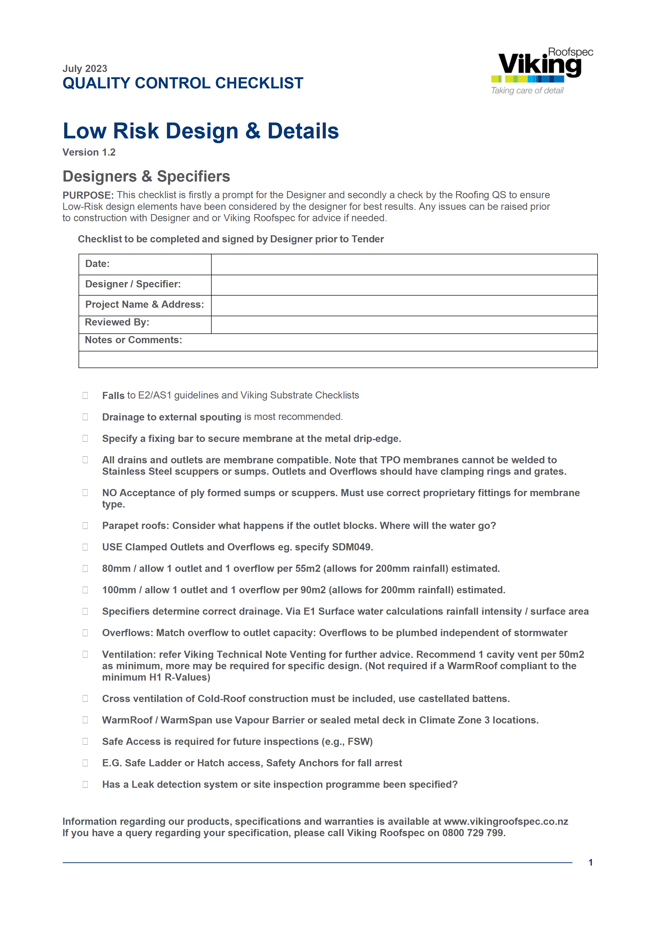 Quality Control Checklist - Low Risk Design & Details