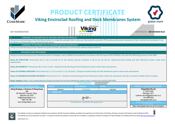 Enviroclad CodeMark Certificate