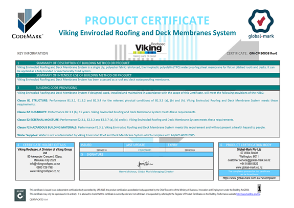 Weathertex Cladding Codemark Certificate.pdf Enviroclad TPO - Details and Documents | Waterproofing & Roofing Systems