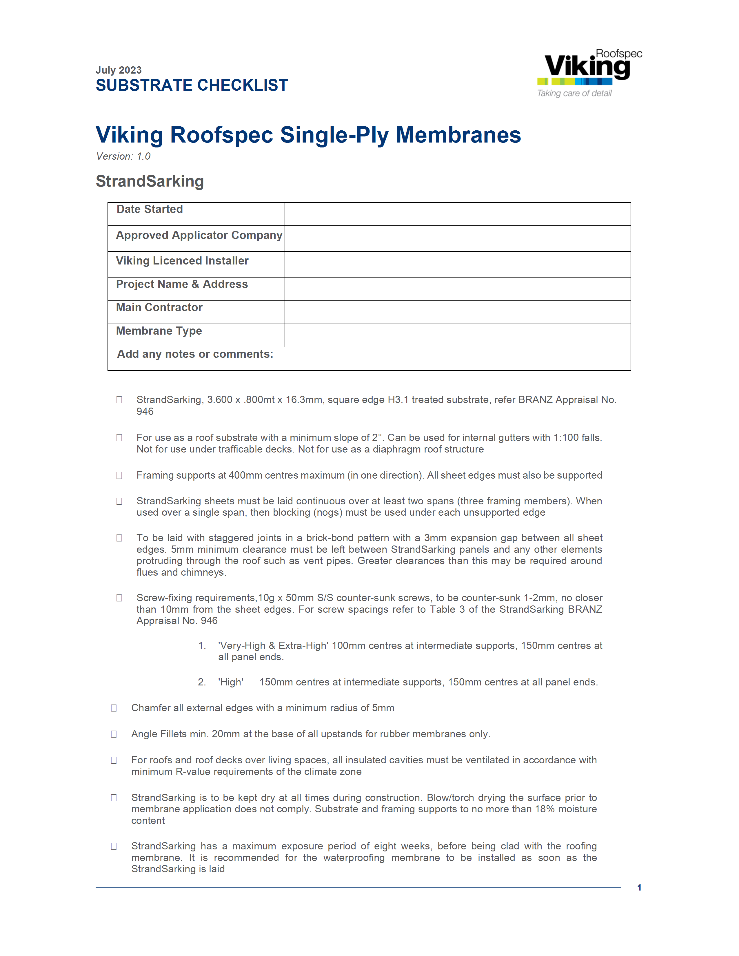 Rubber Membrane Substrate Checklist - Strandsarking