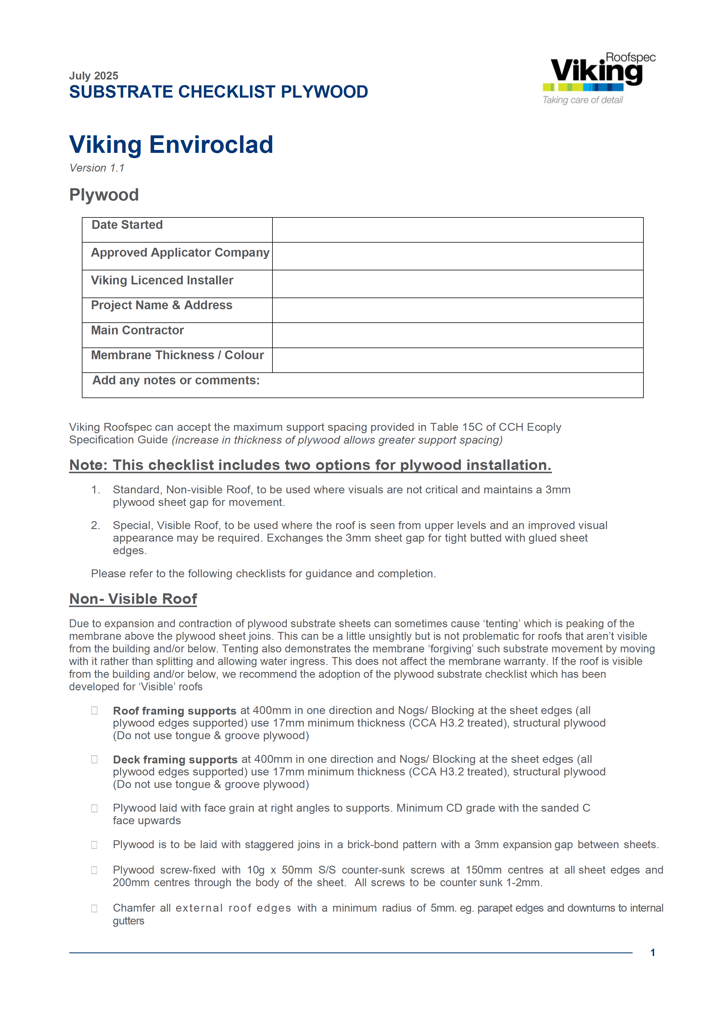 Enviroclad Substrate Checklist - Plywood V1.1