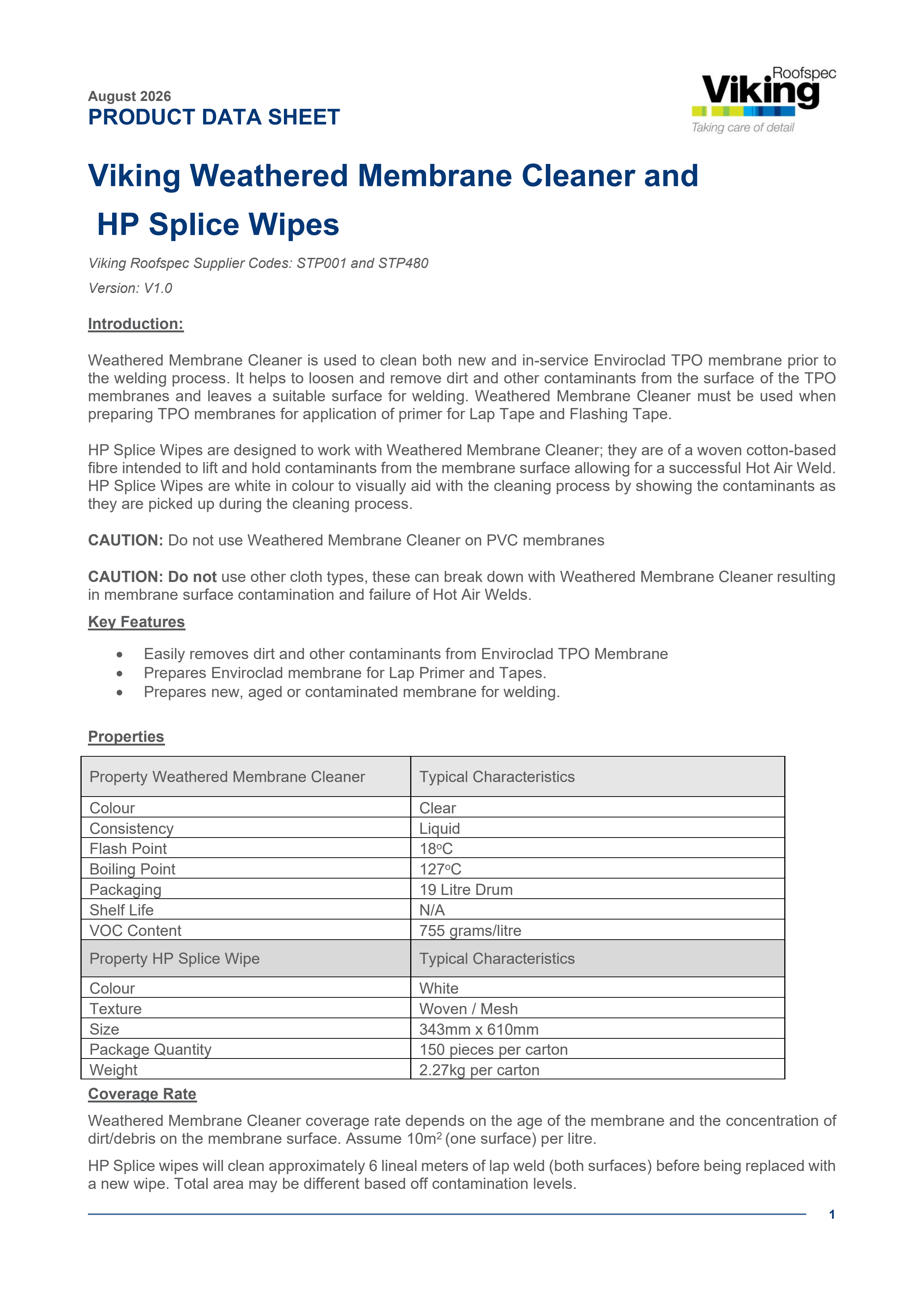 Weathered Membrane Cleaner and Splice Wipes PDS V1.0 2026