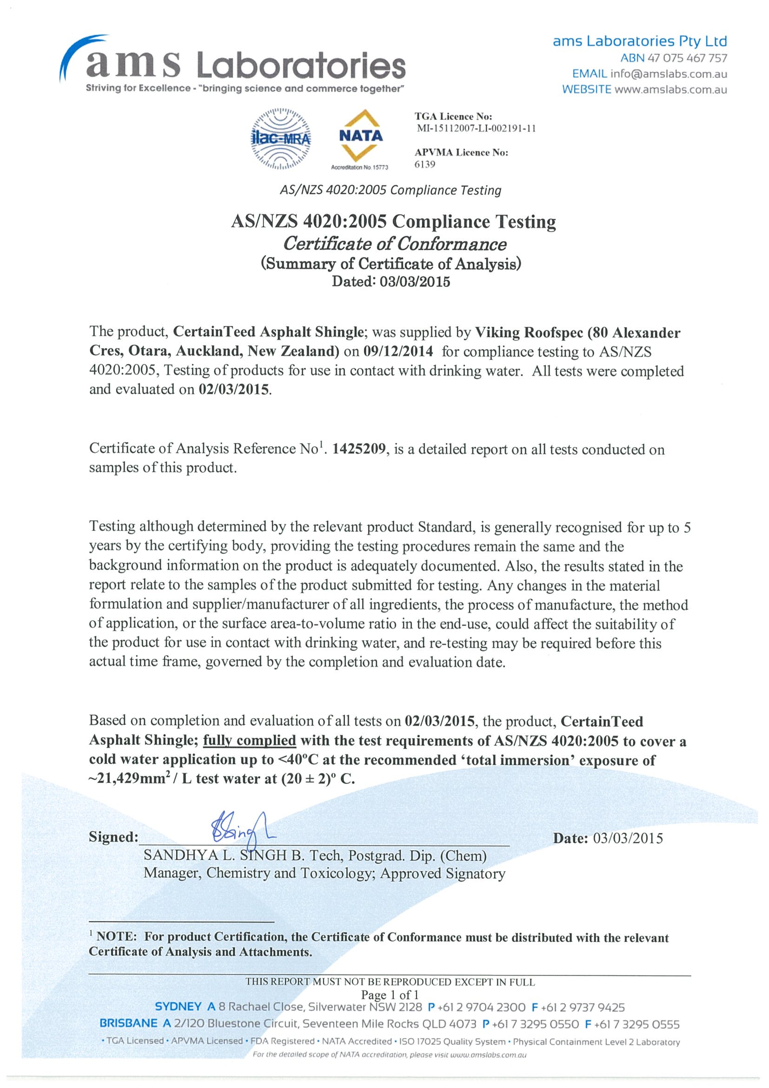 CertainTeed Potable Water Certificate