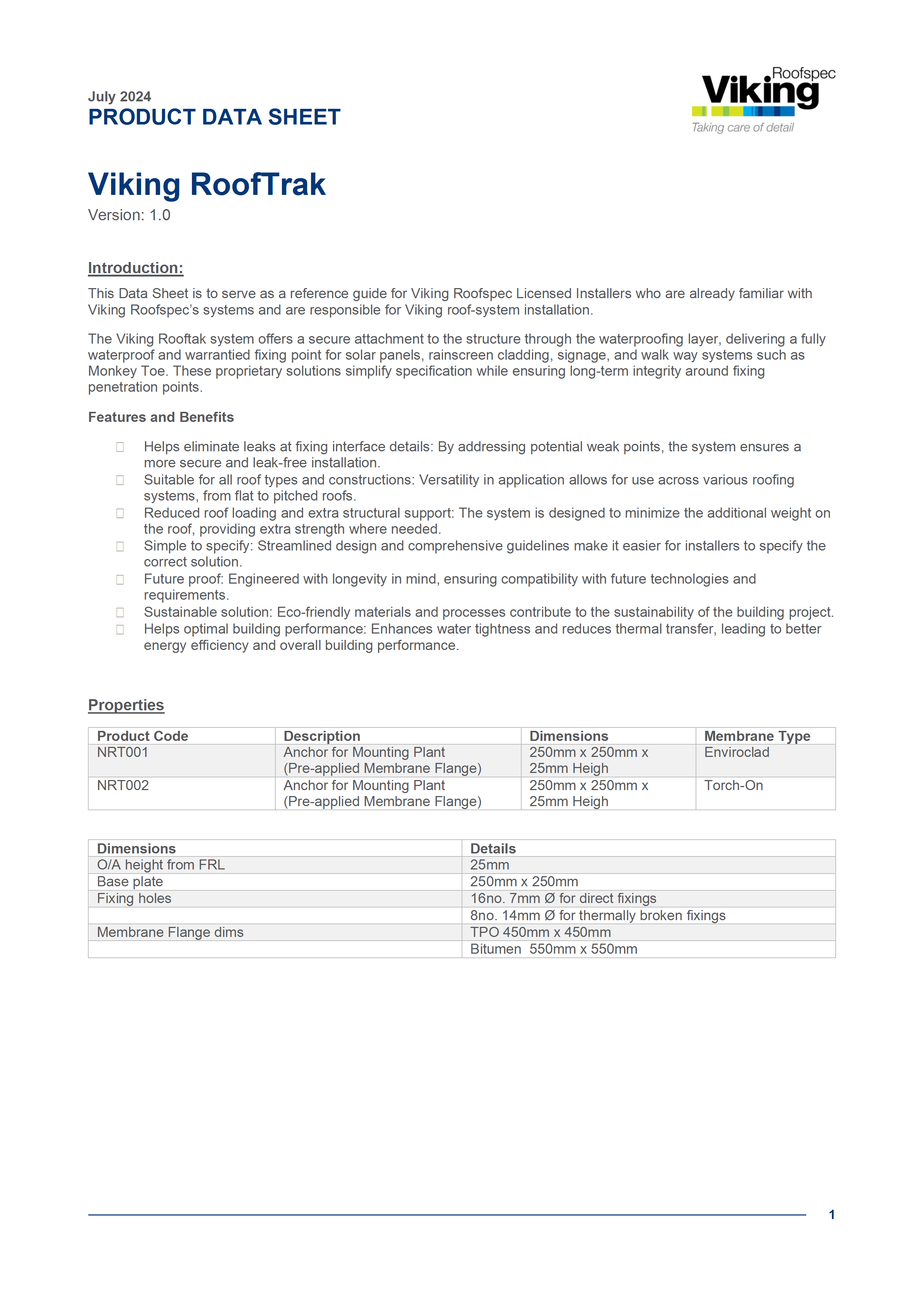 Viking RoofTrak Product Data Sheet 