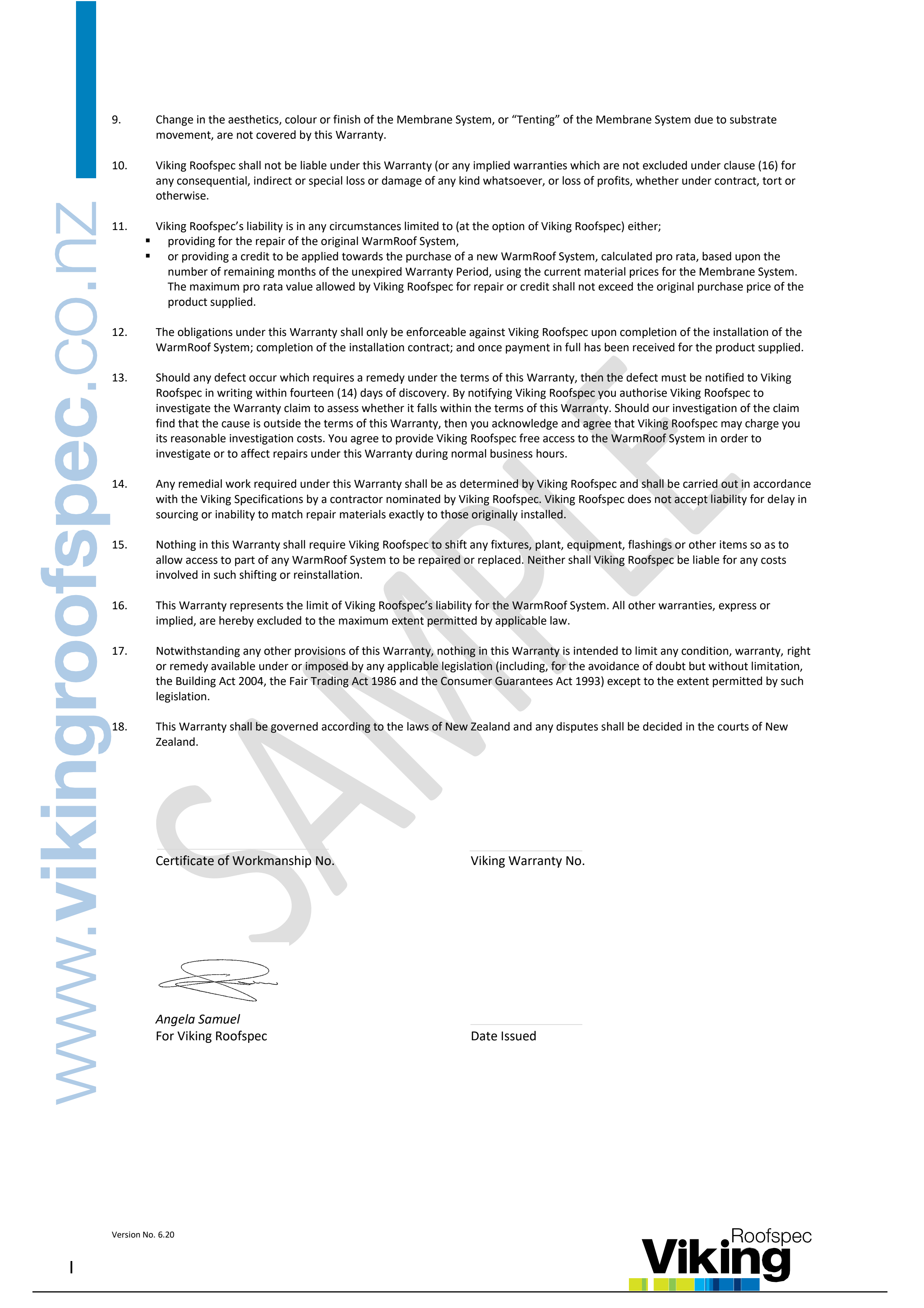 WarmRoof Sample Warranty