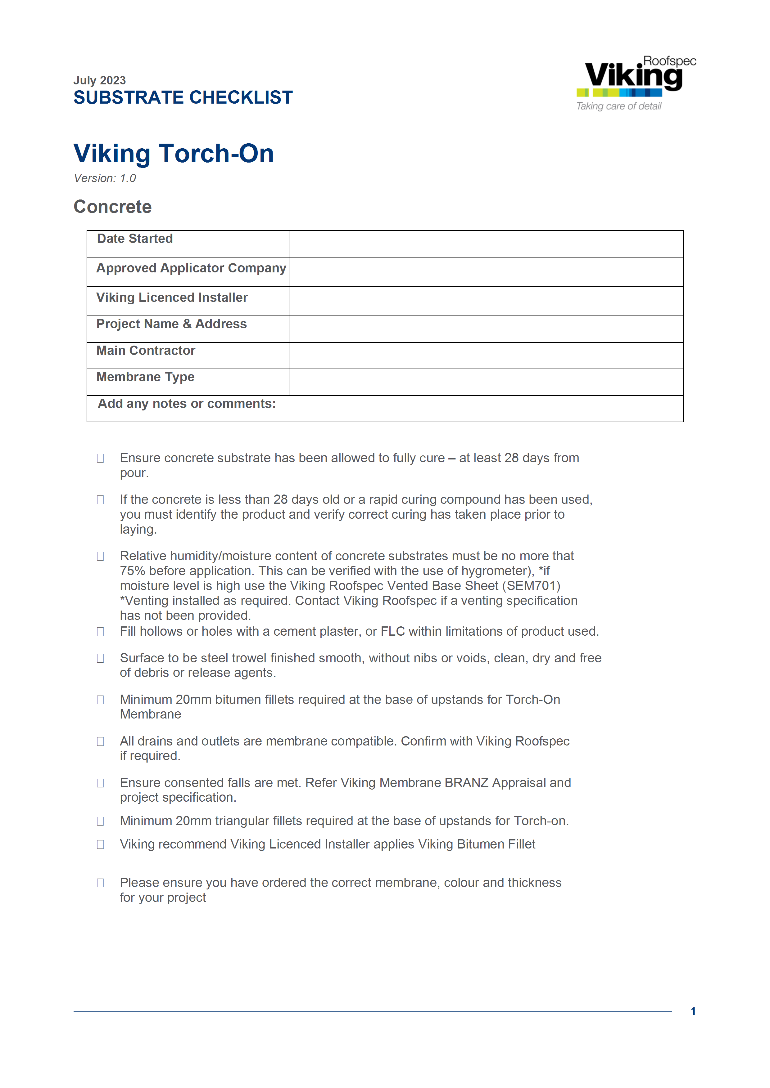 Torch-On Substrate Checklist - Concrete