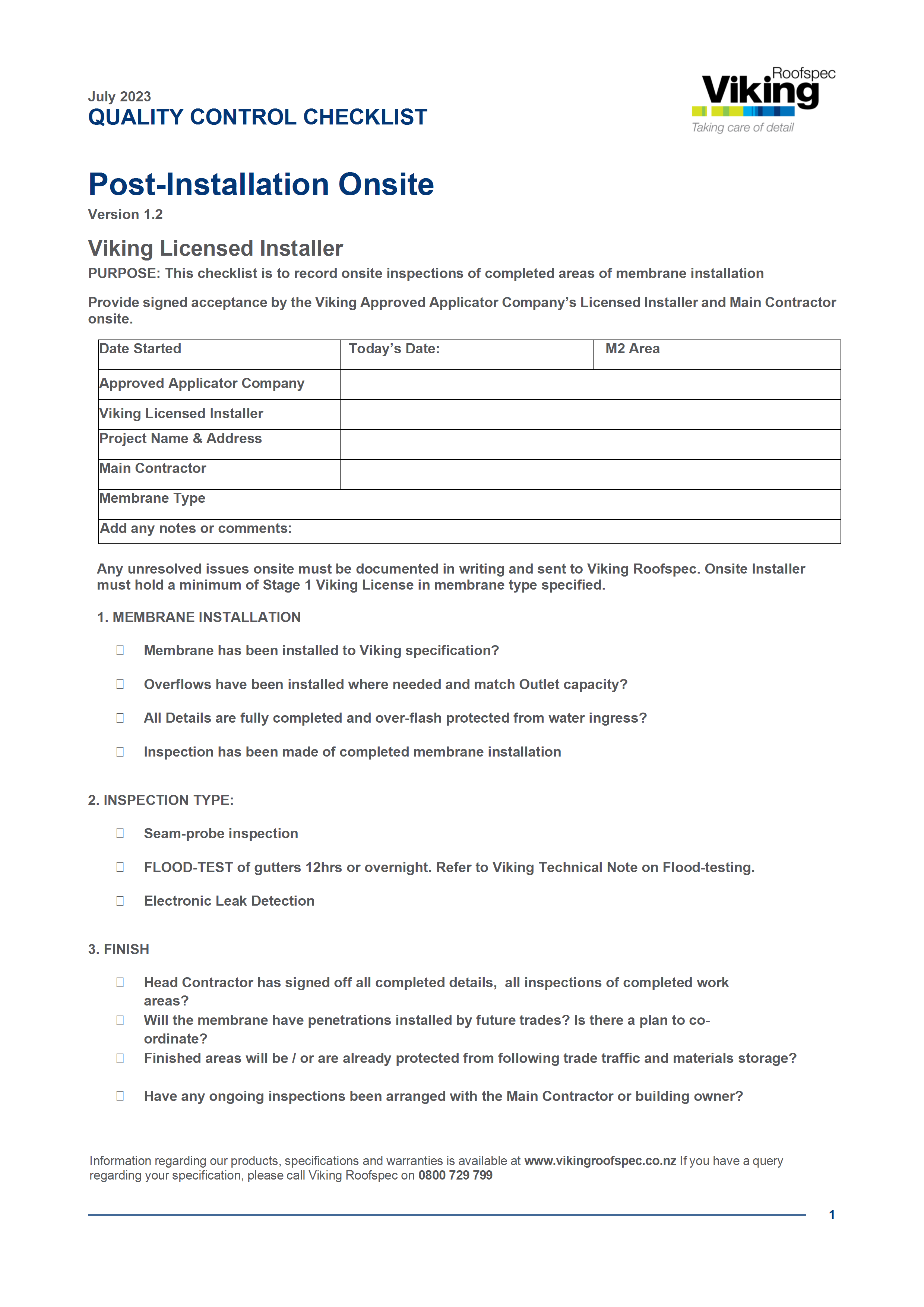  Quality Control Checklist - Post Installation