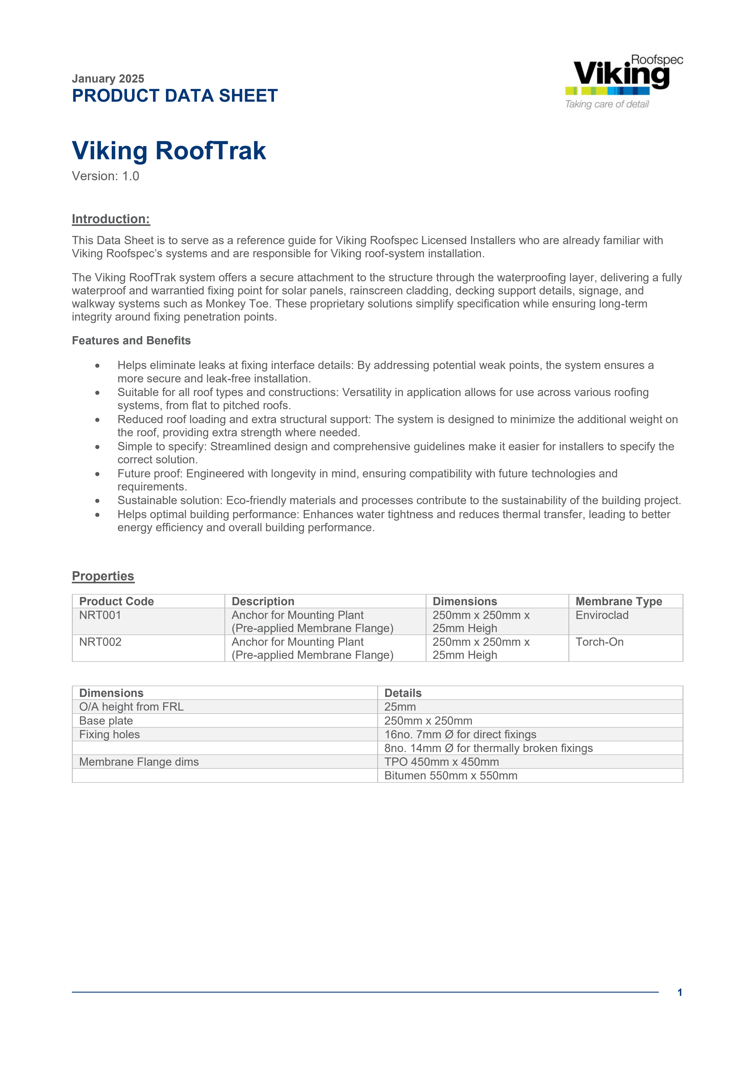 Viking RoofTrak Product Data Sheet