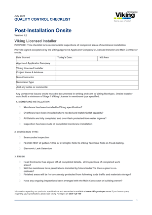 Quality Control Checklist - Post Installation