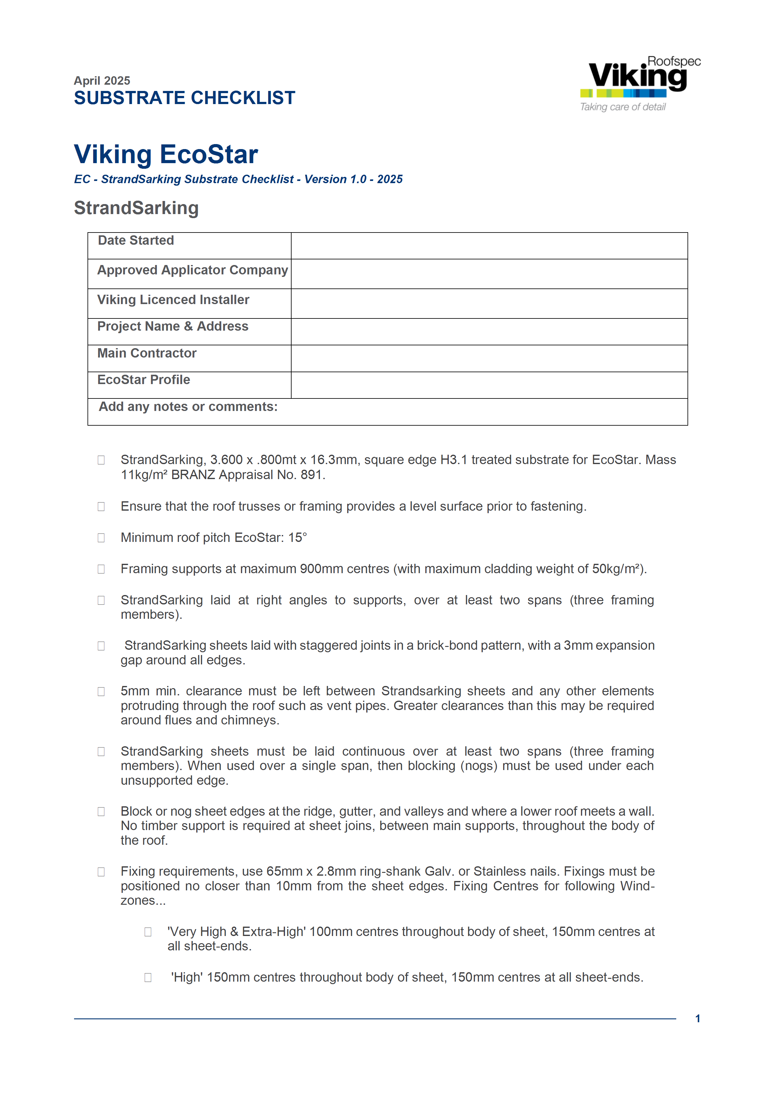 EcoStar Substrate Checklist - Strandsarking