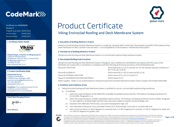 Enviroclad CodeMark Certificate | Waterproofing & Roofing Systems
