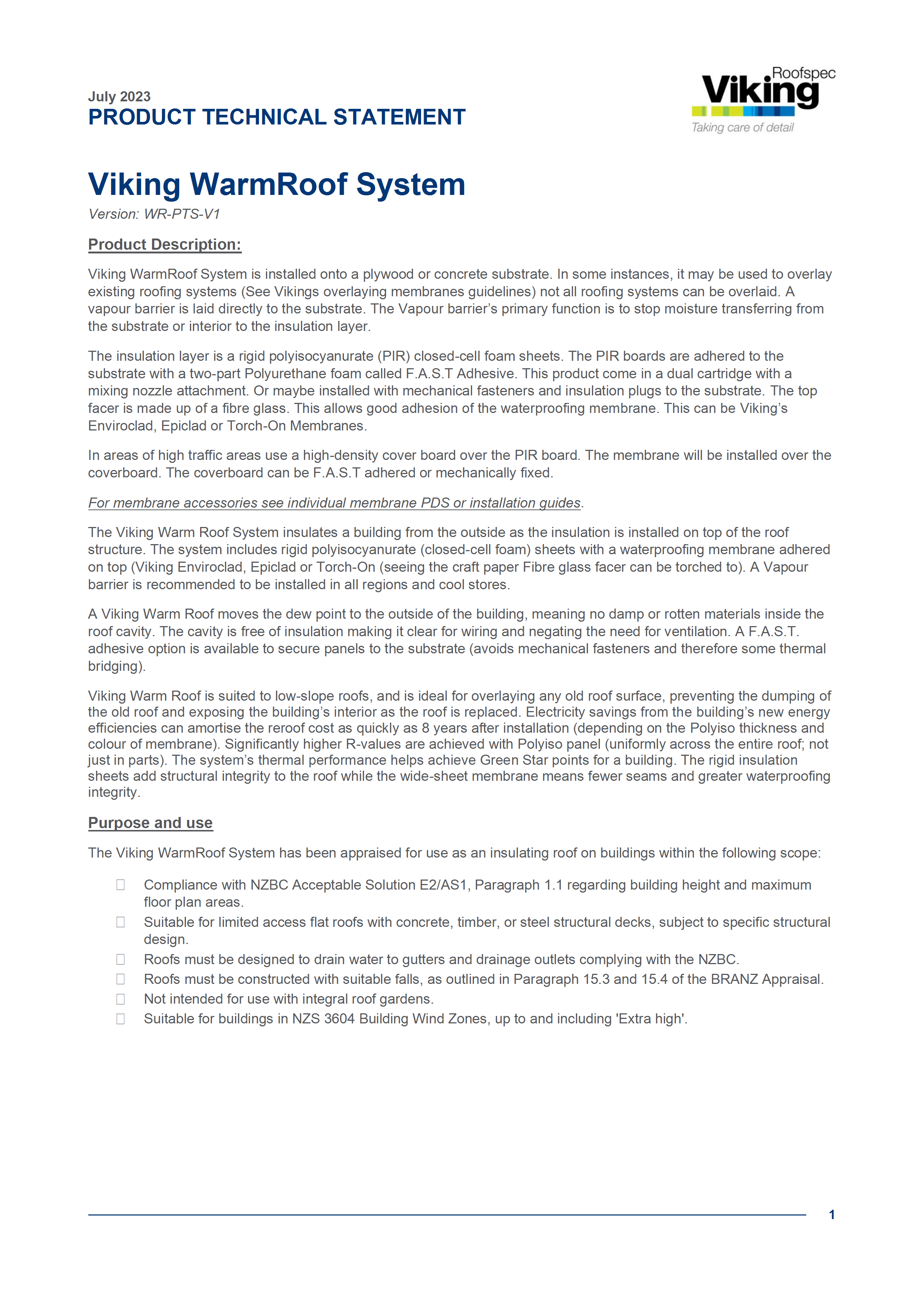 WarmRoof Product Technical Statement 