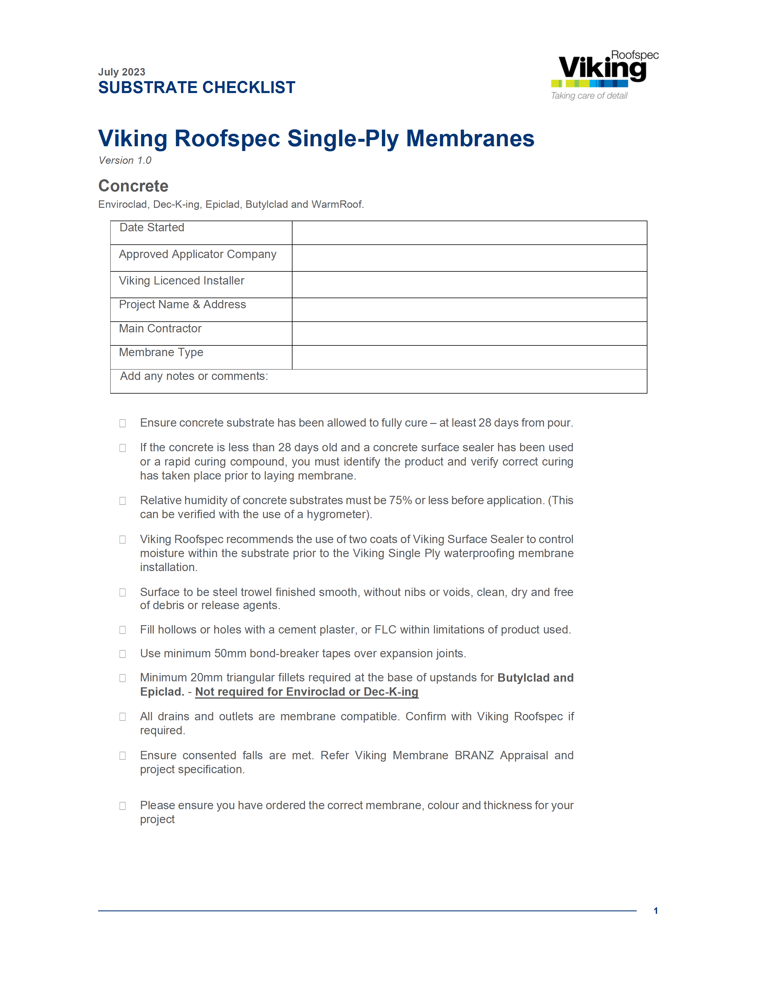 Membrane Substrate Checklist - Concrete