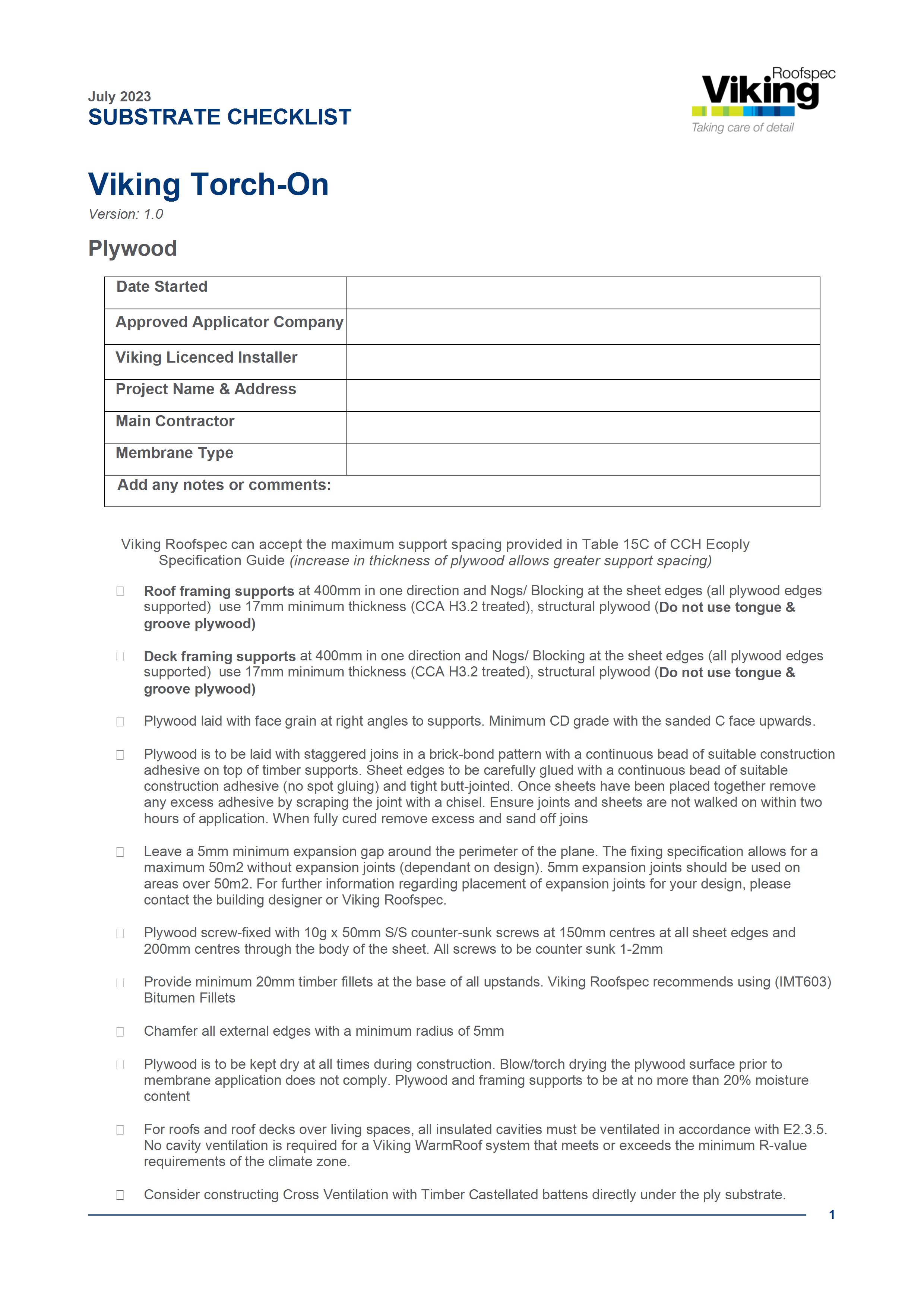 Torch-On Substrate Checklist - Plywood