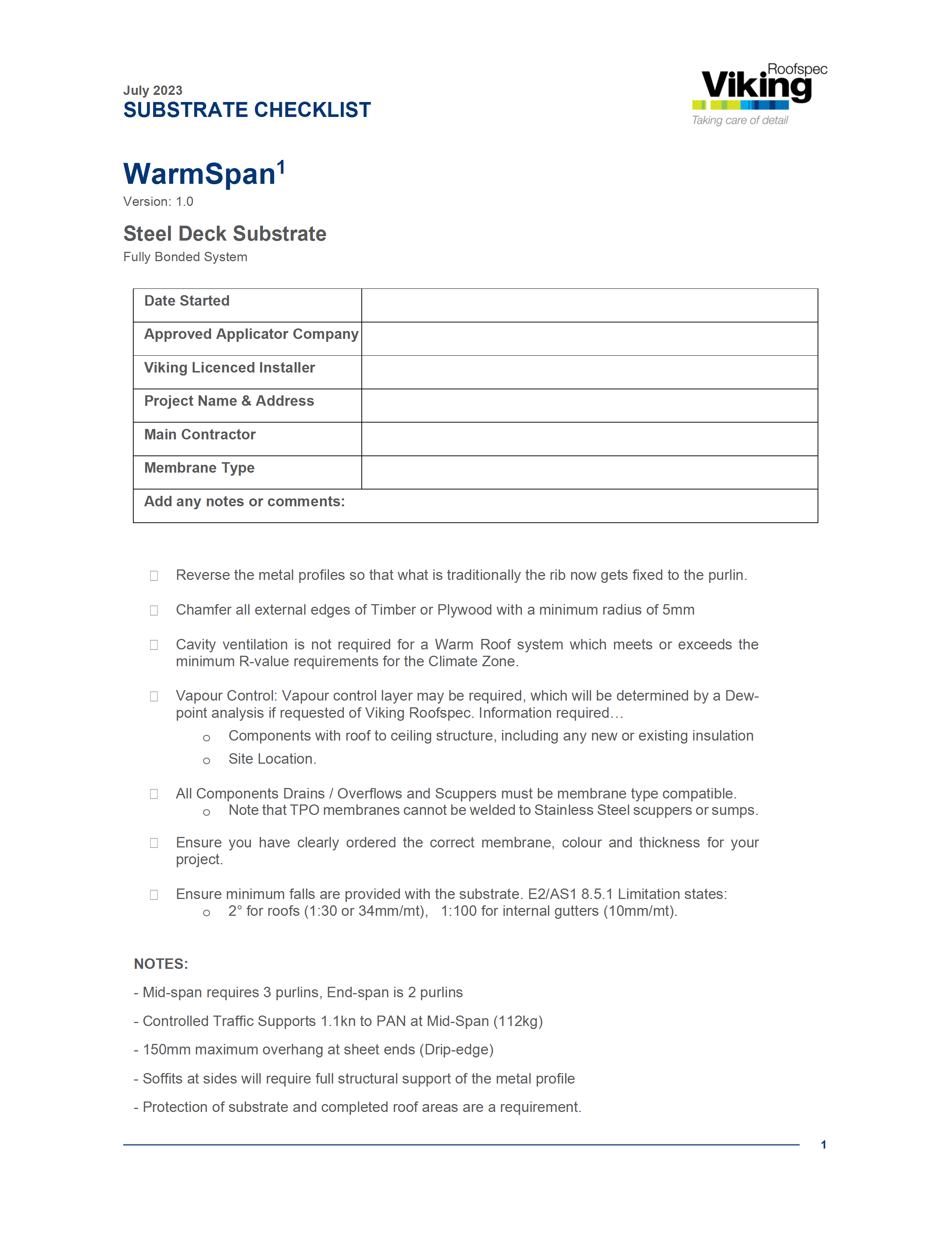 WarmSpan Substrate Checklist - Metal Deck