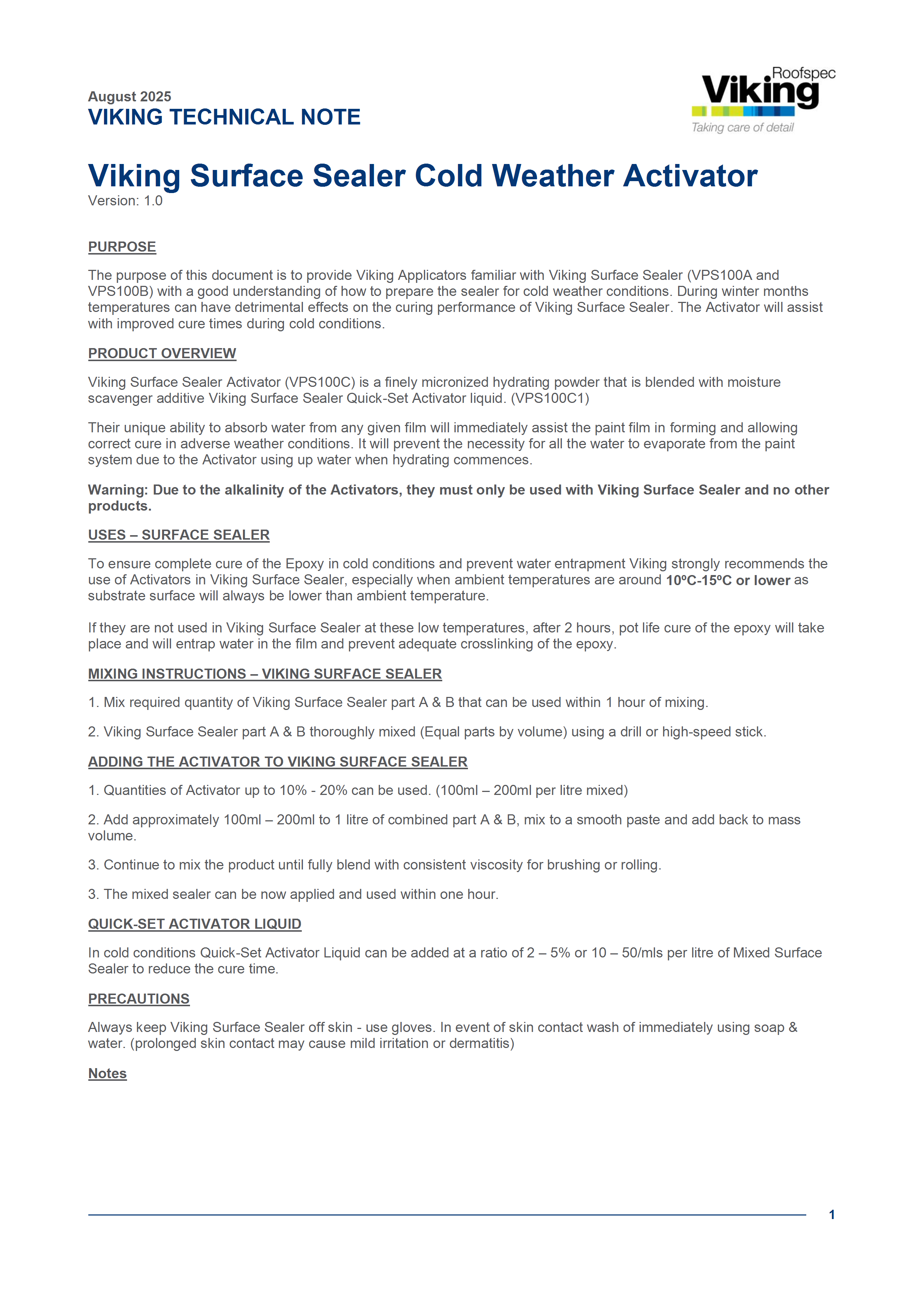 Surface Sealer Cold Weather Technical Note
