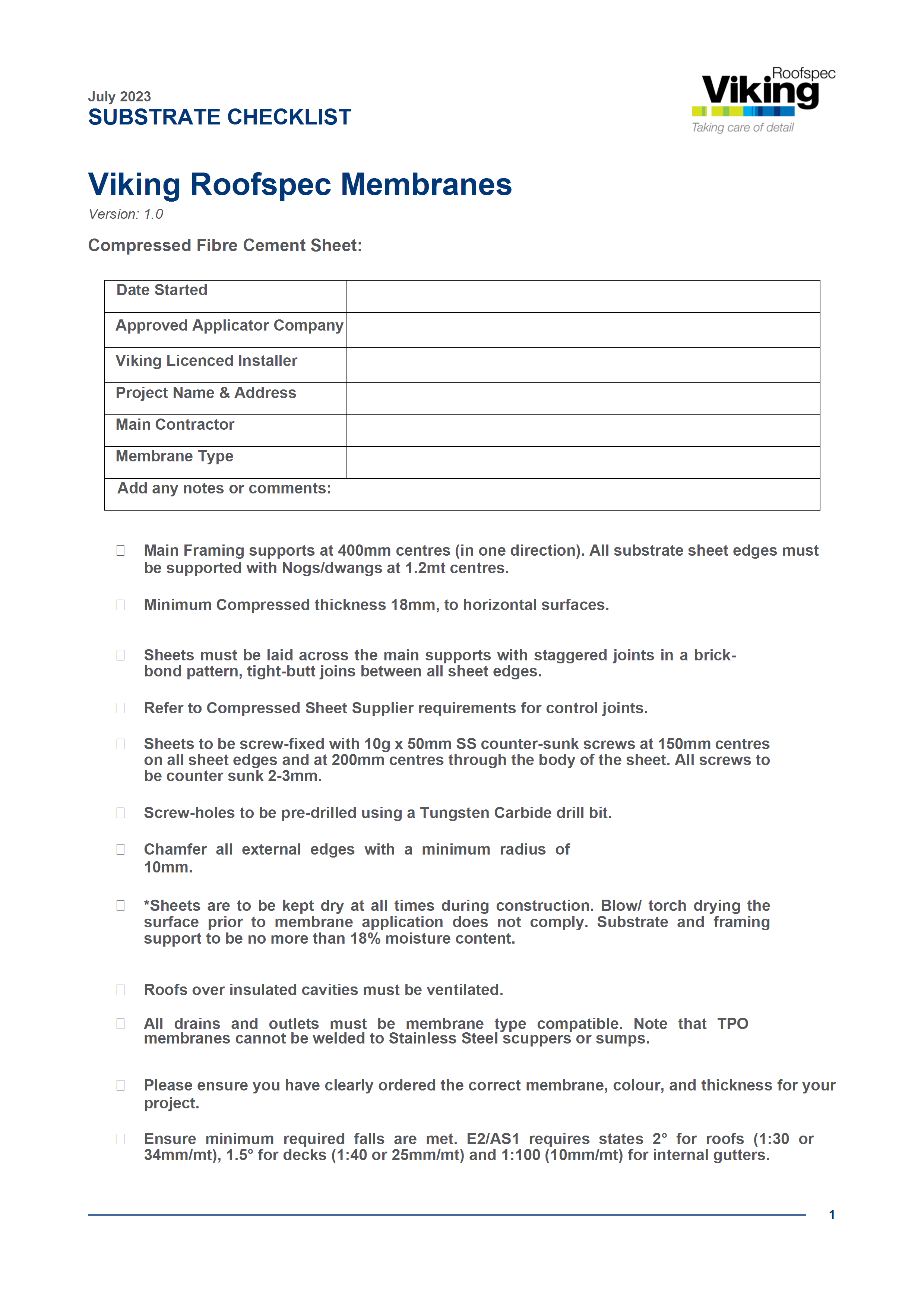 Compressed Fibre Cement Sheet Substrate Checklist