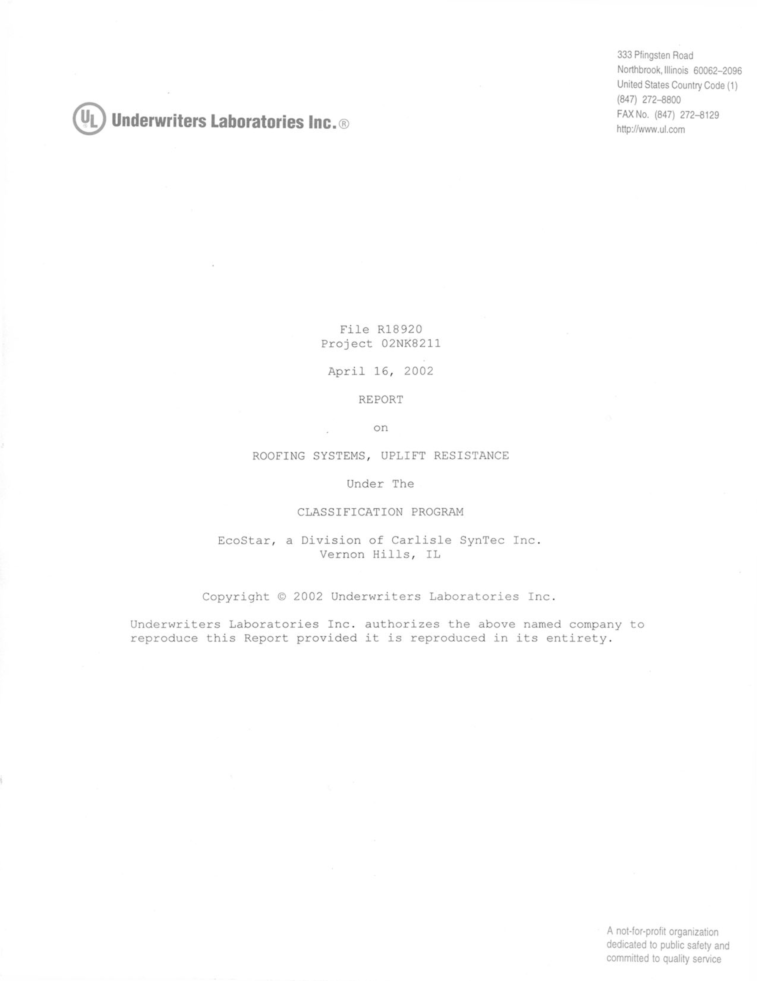 EcoStar Uplift Resistance Report