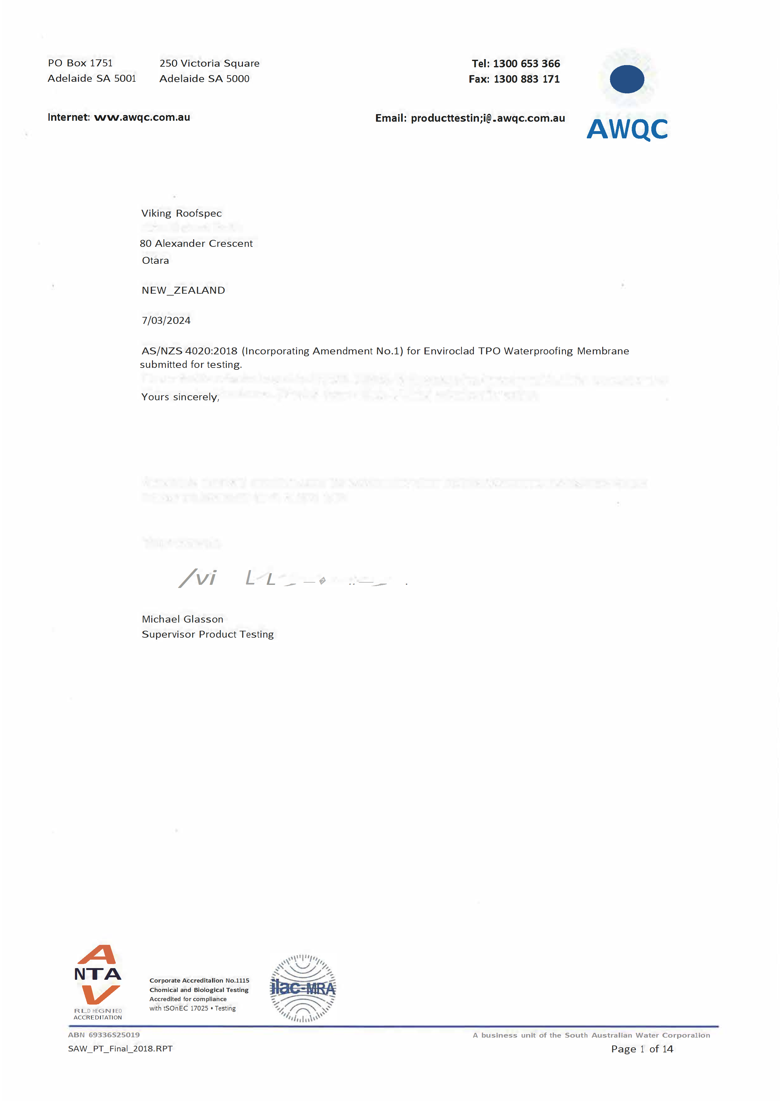 Enviroclad Potable Water Certificate