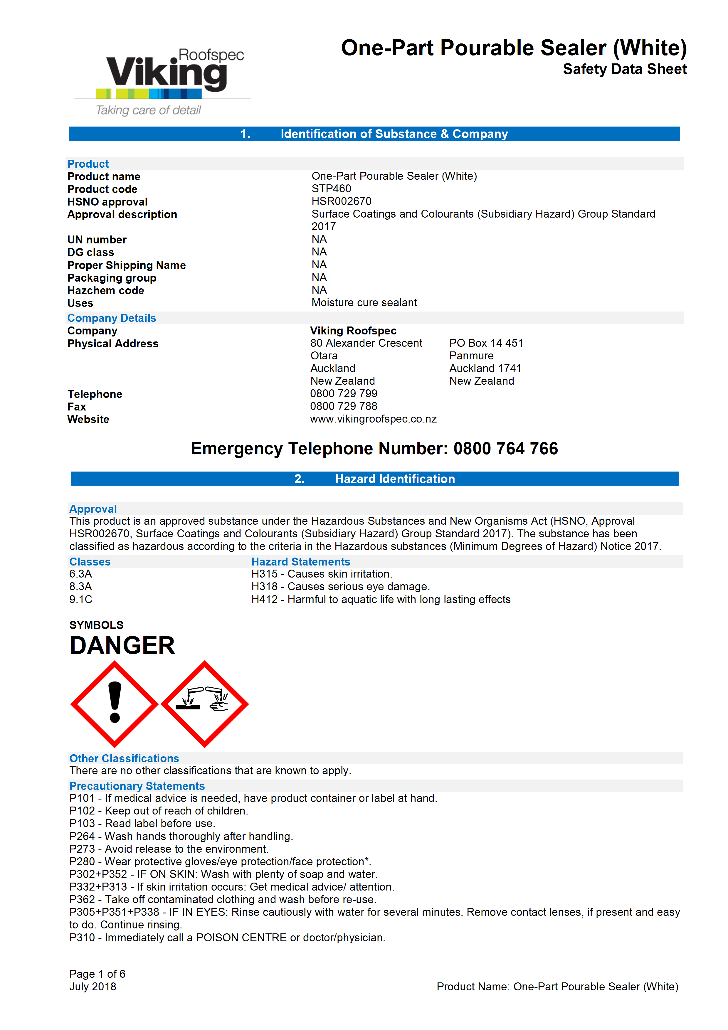 One-Part Pourable Sealer (White) MSDS