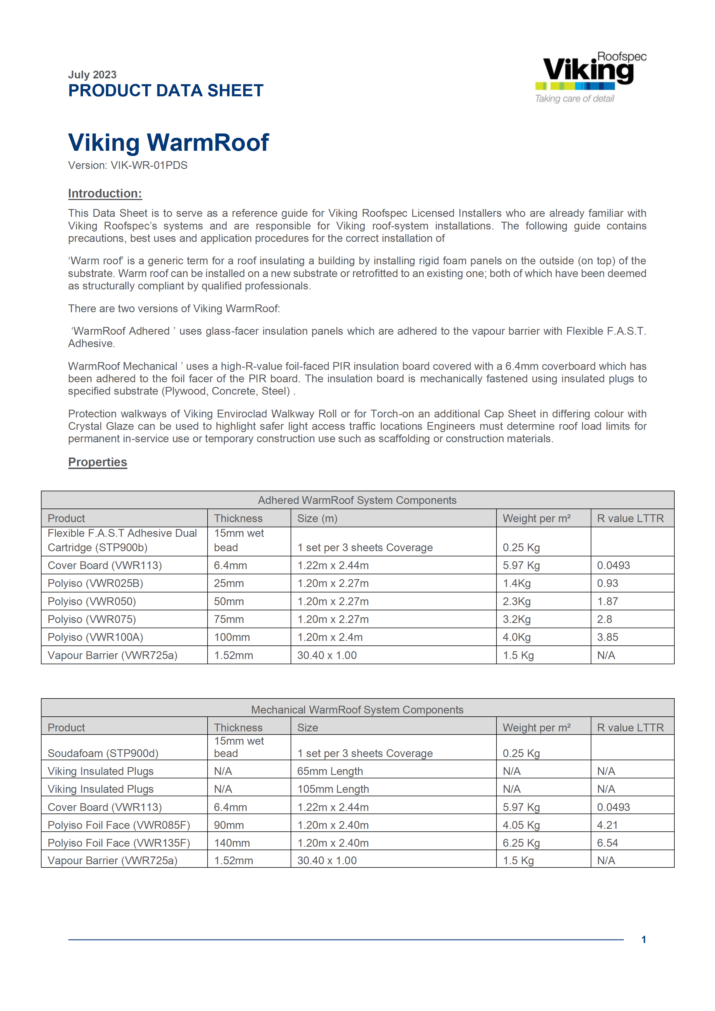 Viking Warmroof Product Data Sheet