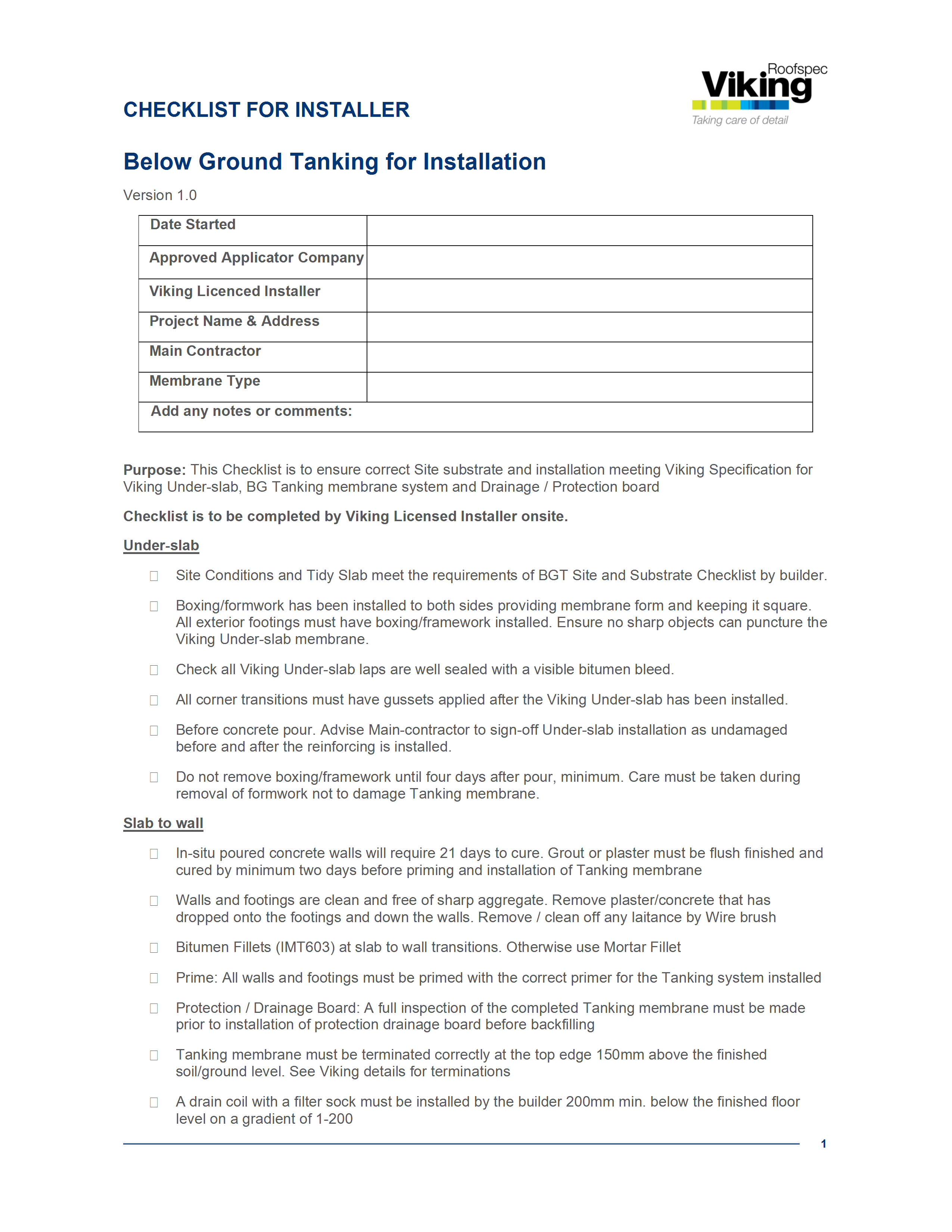 Tanking Checklist - Installer