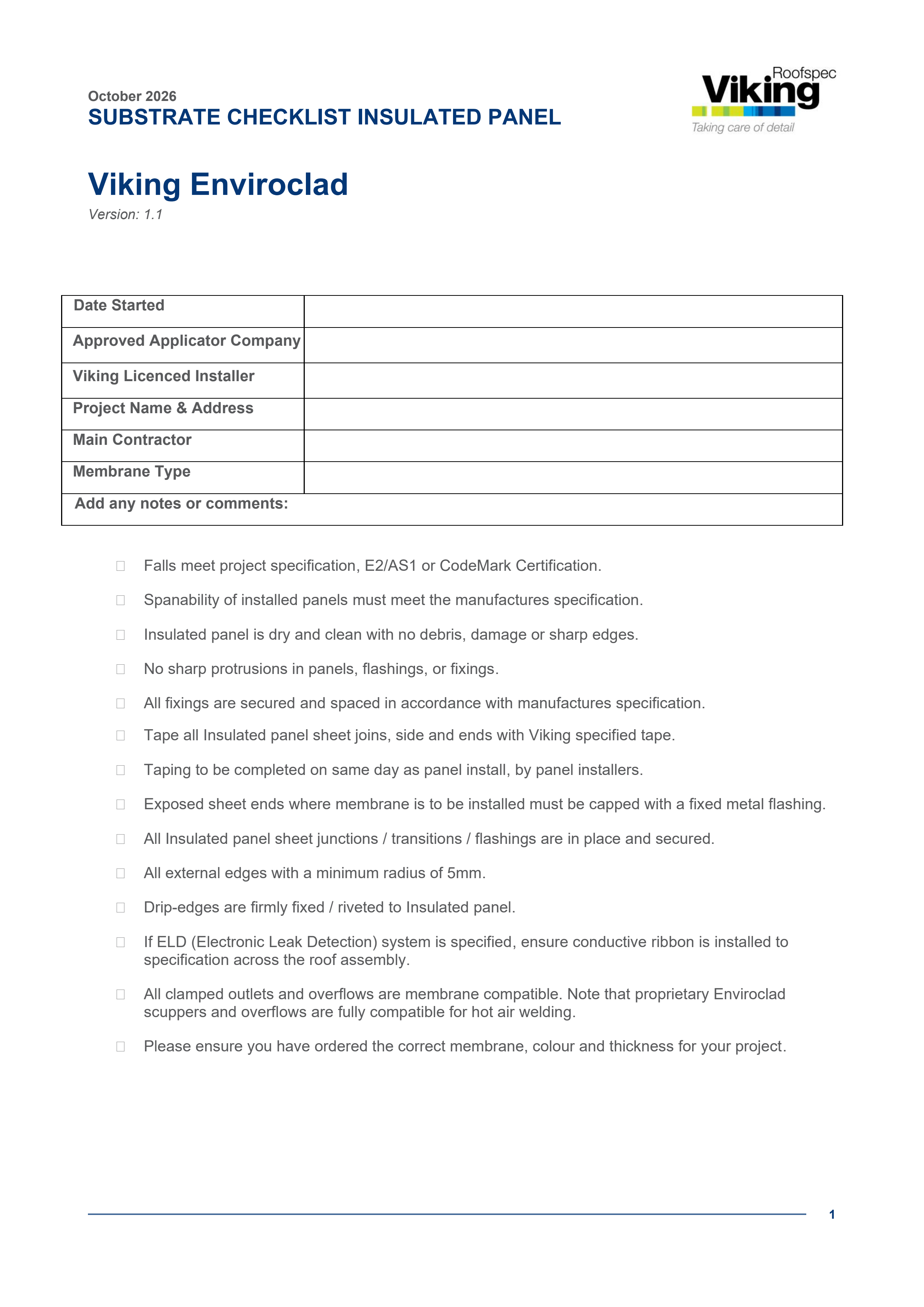 Insulated Sandwich Panel Substrate Checklist V1.1 2026