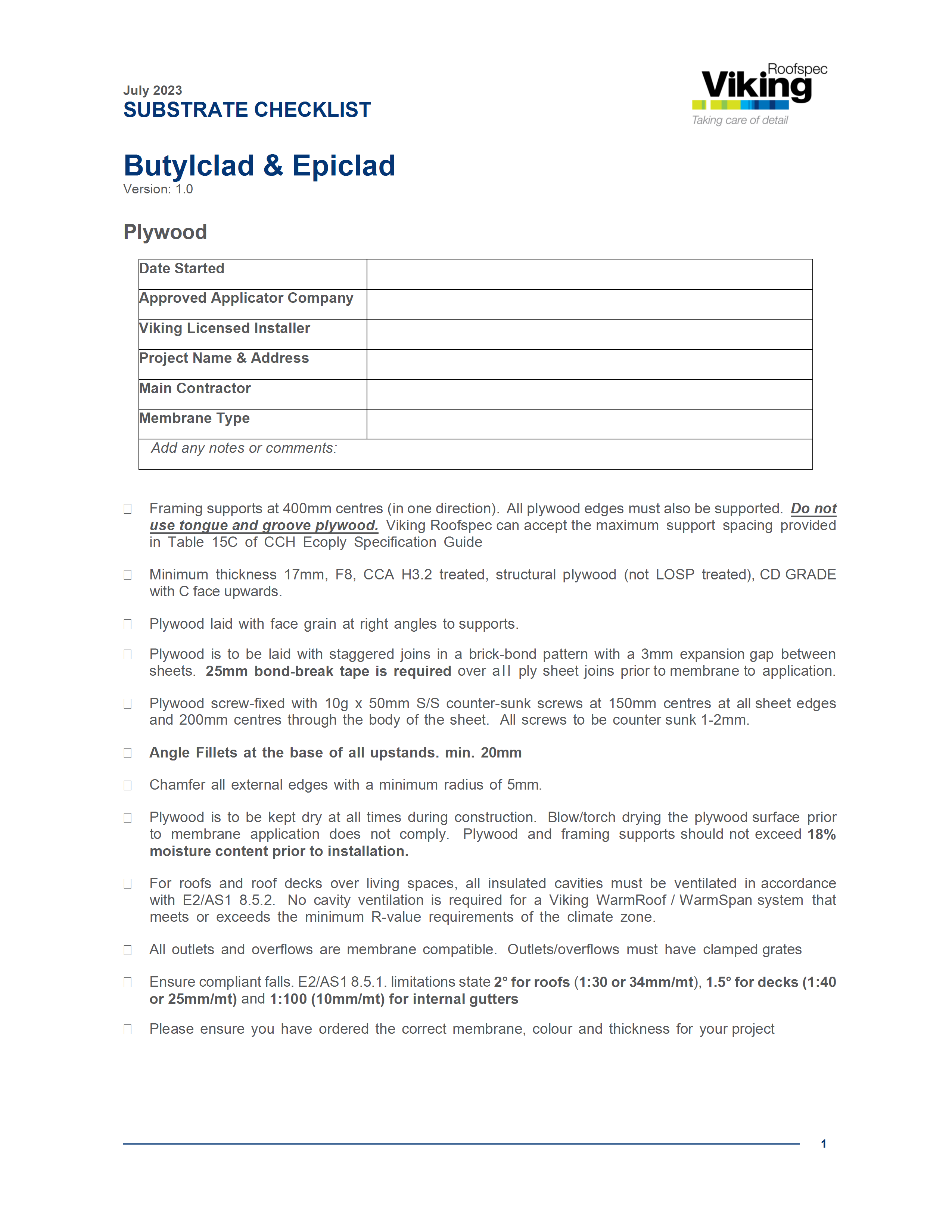 Rubber Membrane Substrate Checklist - Plywood
